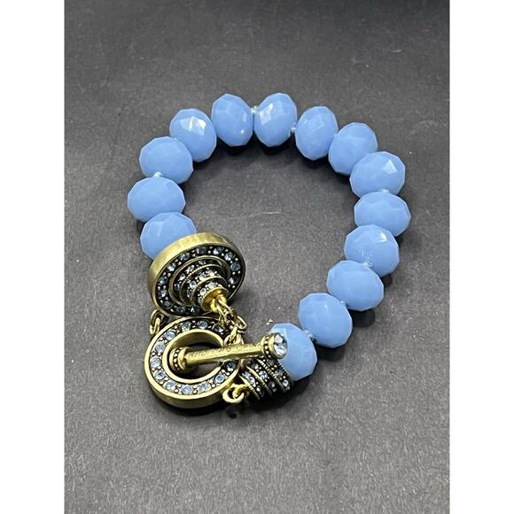 Heidi Daus Faceted Glass Beads Crystal Rhinestone Toggle Bracelet Blue Signed - Picture 4 of 12